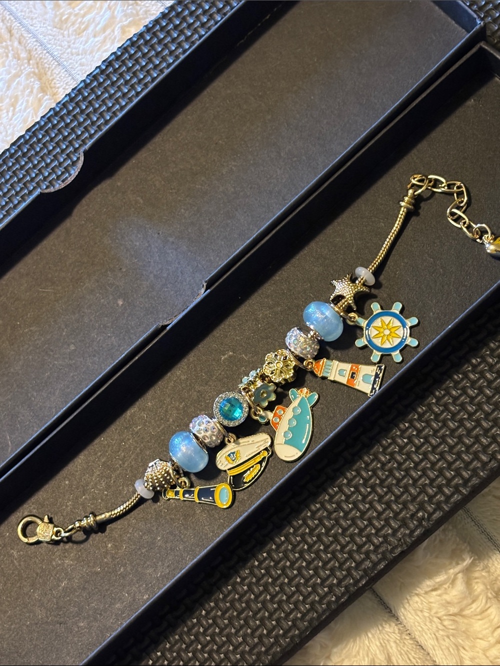 Nautical Charm Gold Bracelet with Blue Enamel Accents